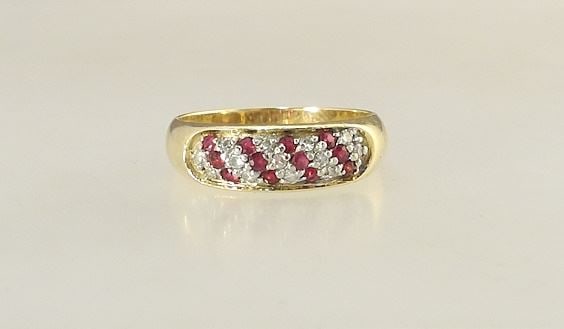 14K (marked) Yellow & White Gold Diamond & Ruby Band, Size 8 1/2, 3.5 Grams. (1 of 4)