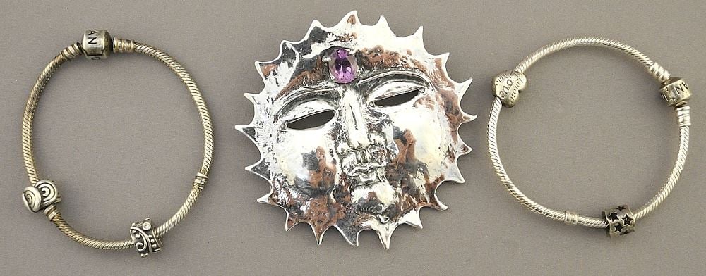 2 Pandora Bracelets with 4 Various Charms & Unmarked Sun Brooch, TW 83 g. (1 of 2)