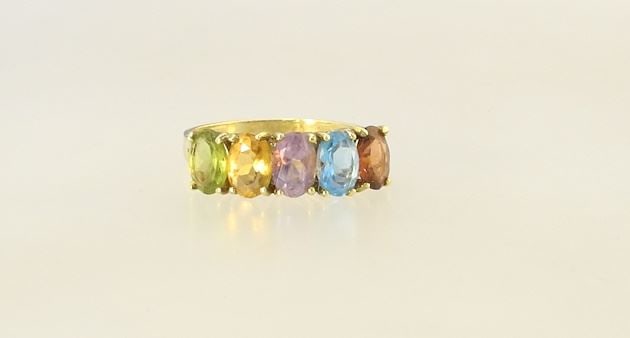 14K (marked) Yellow Gold & Semi Precious 5 Stone Ring, Size 6 1/2, 2.3 Grams. (1 of 3)