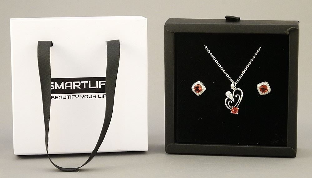 Platinum Plated 2 Piece Lab Grown Red Ruby Heart Necklace and Earrings. (1 of 2)