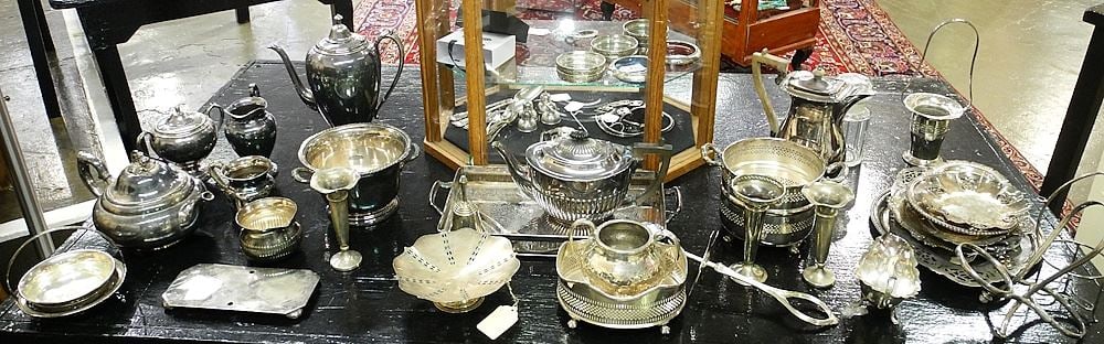 Large Lot of Silver Plated Items: Teapots, Platters, Bud Vases etc. (1 of 4)