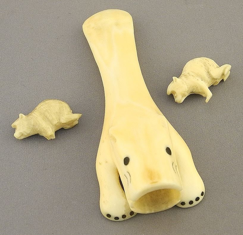 Inuit Walrus Tusk Cigar Holder (2 3/4"L) & 2 Monkey Figures, NO EXPORT.: Inuit Walrus Tusk Cigar Holder (2 3/4"L) & 2 Monkey Figures, NO EXPORT.