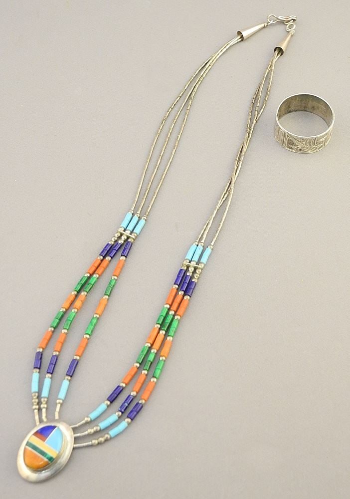 Kwagiulth Silver Ring Monogrammed AHS (Alfred Seaweed, Size 10 1/4) & Sterling Zuni Necklace. (1 of 4)