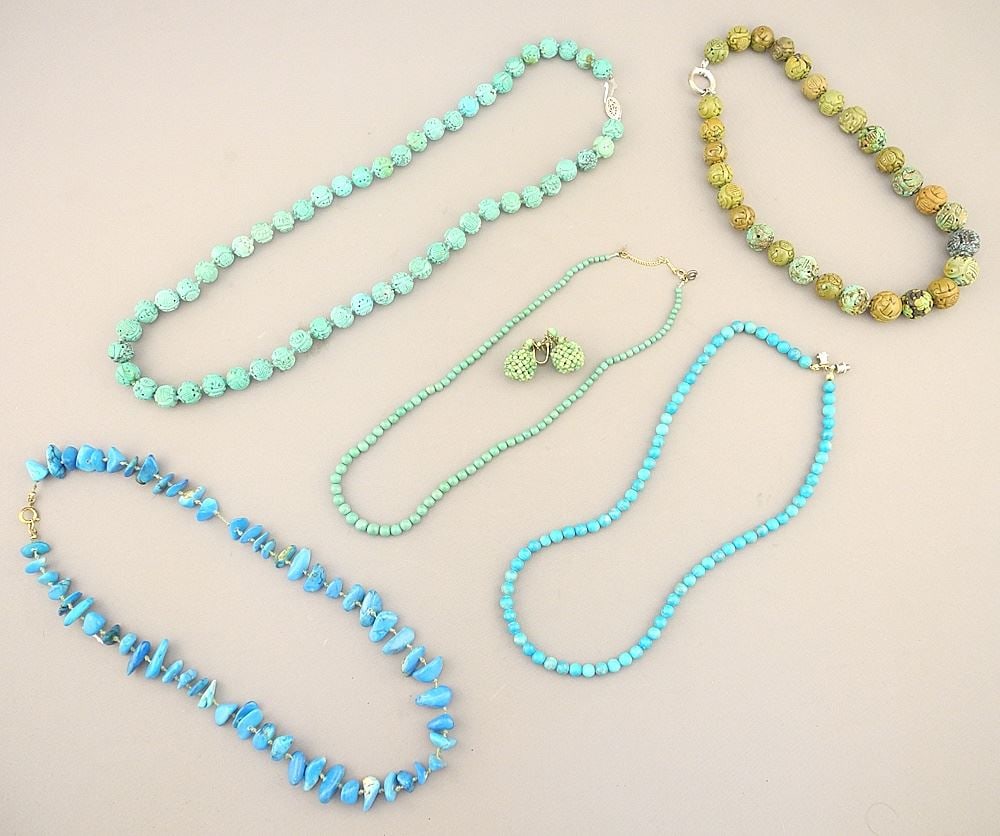 5 Turquoise Bead Necklaces (14" - 22 "L) & Pair of Earrings. (1 of 3)