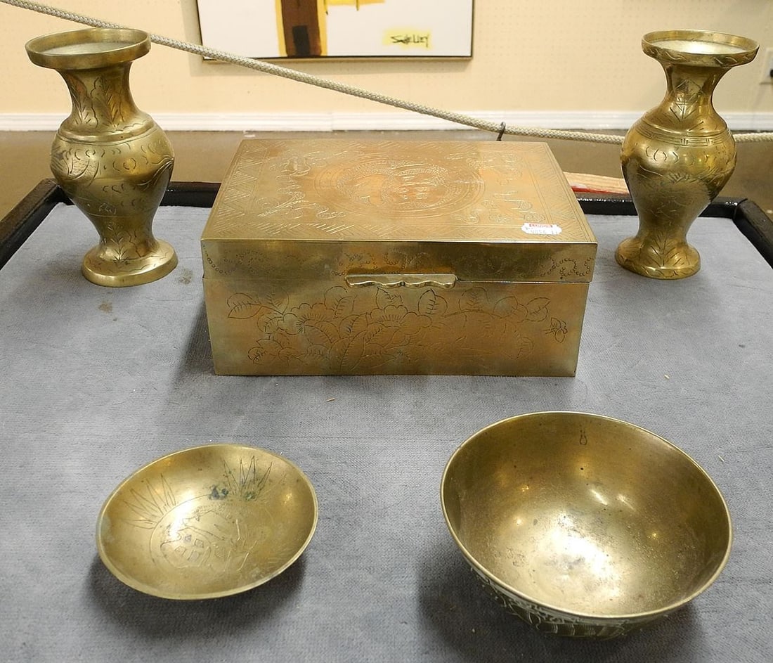 Chinese Brass Humidor, 2 Vases & Bowls, 8 1/4".: Chinese Brass Humidor, 2 Vases & Bowls, 8 1/4".