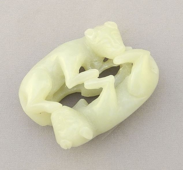 Carved Jade Dog Figures, 1 7/8"W, 32 Grams. (1 of 2)