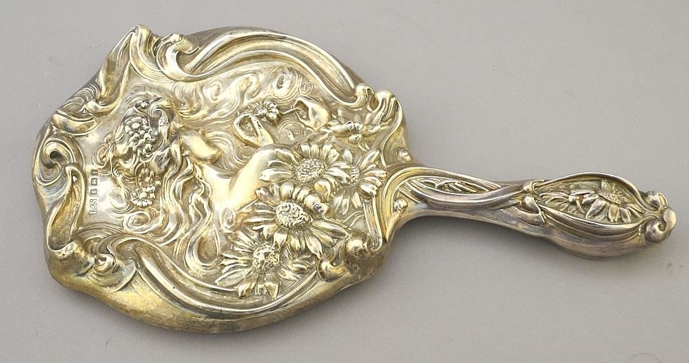 Art Nouveau Hallmarked Silver Hand Mirror, 10 1/4"H, TW 404 Grams. (1 of 3)