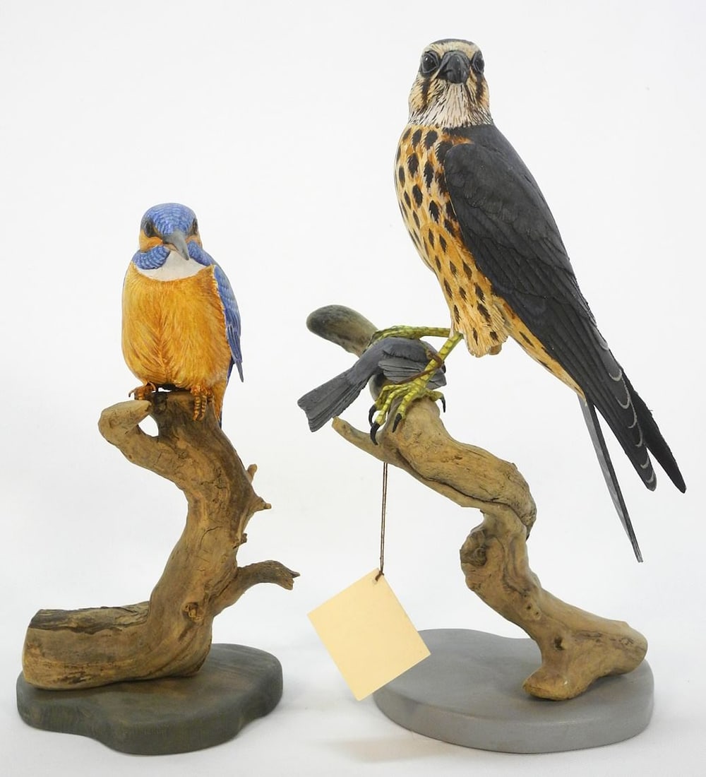 2 Bird Carvings by Shirley MacLean: Merlin & American Kershel, 12" & 14 1/2"H. (1 of 2)