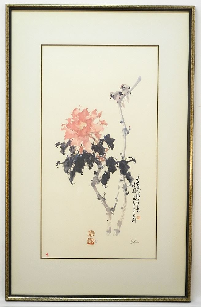 Limited Edition Print signed E. Lowe , 23 1/2" x 12 5/8", "Birds & Blossom" #43/500. (1 of 4)
