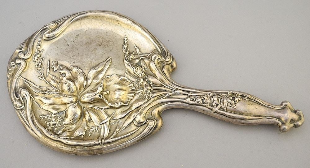 Art Nouveau Hallmarked Silver Hand Mirror, 11 5/8"H, TW 426 Grams. (1 of 3)