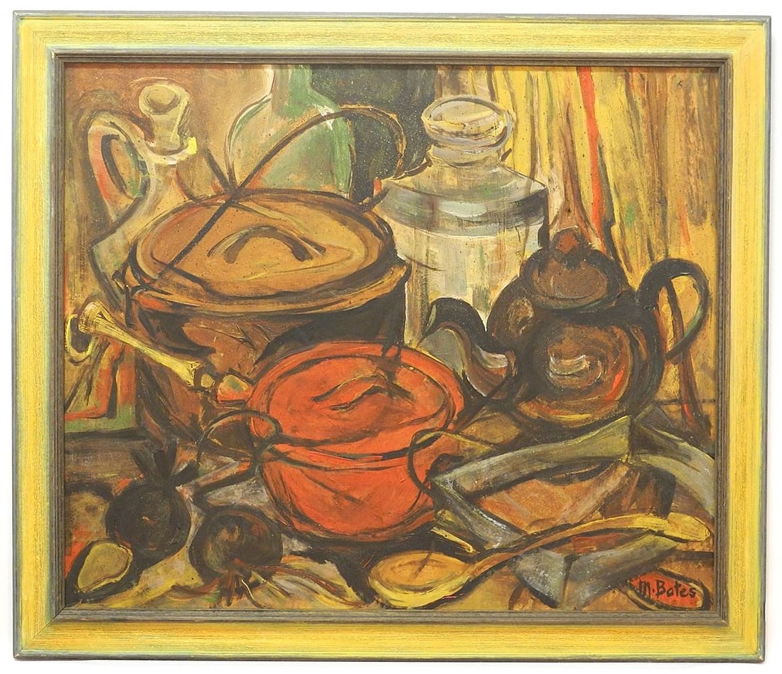 Oil on Masonite signed M. Bates, 20 1/4" x 24", "Kitchen Table". (1 of 3)