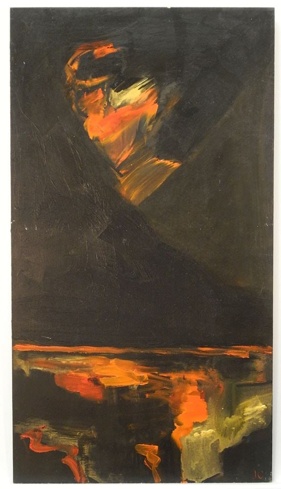 Oil on Board Monogrammed JC (Jenny Clark), 21 3/4" x 12", "Night Watch".: Oil on Board Monogrammed JC (Jenny Clark), 21 3/4" x 12", "Night Watch".