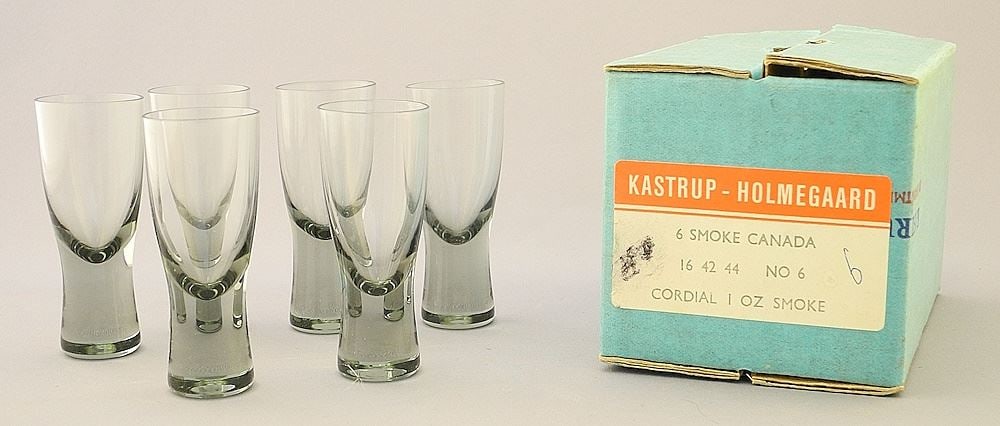 6 Kastrup-Holmegaard 1oz Smoke Cordial Glasses in Original Box.: 6 Kastrup-Holmegaard 1oz Smoke Cordial Glasses in Original Box.