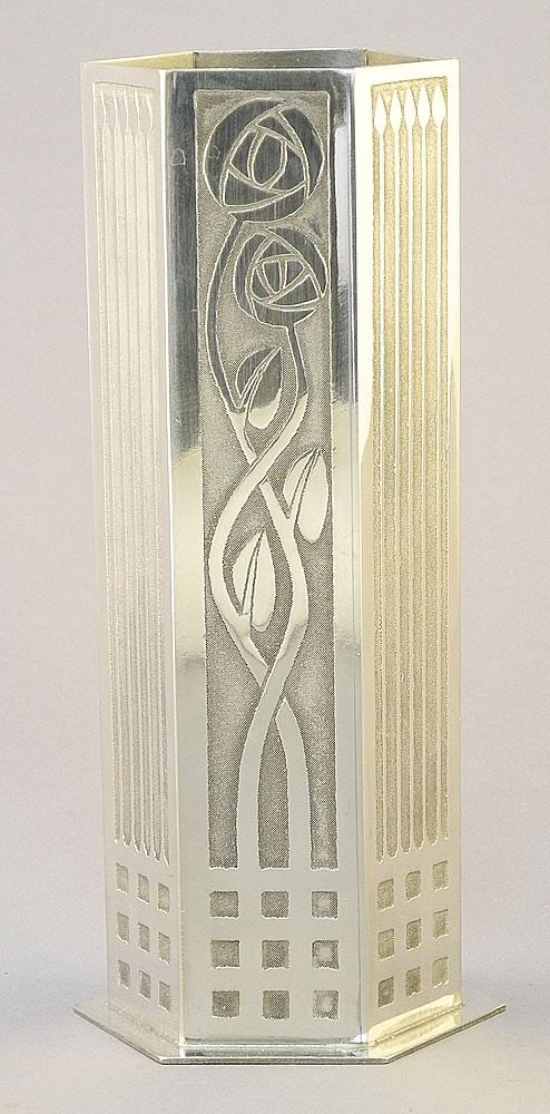 Charles Rennie Mackintosh Collection Pewter Art Deco Bud Vase by Otark Scotland, 8". (1 of 3)