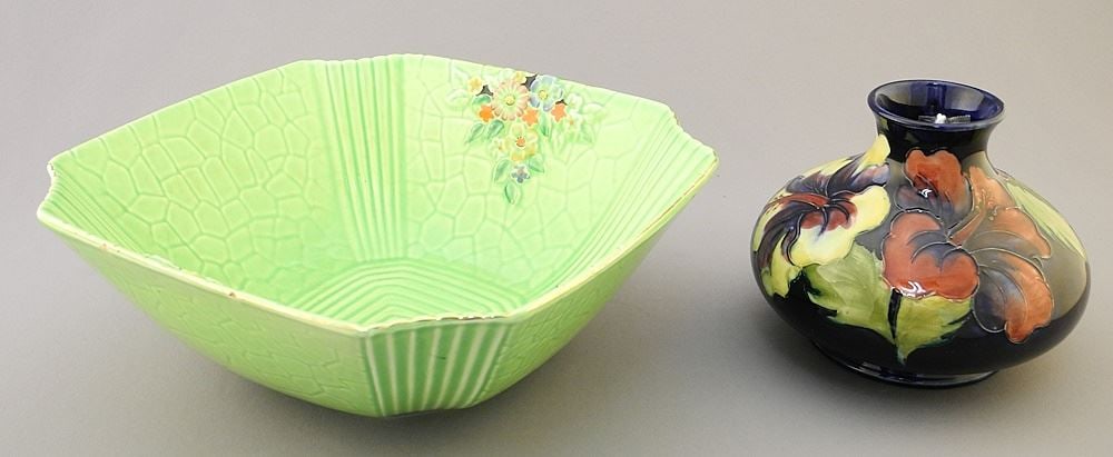 Moorcroft Hibiscus Vase (4"H) & Crown Devon Square Bowl (8 3/4"). (1 of 6)
