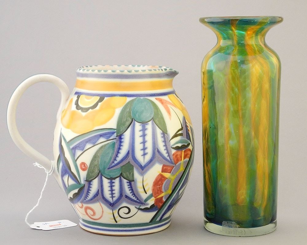 Poole Pottery Pitcher, 6" & Art Glass Vase, 7 3/4".: Poole Pottery Pitcher, 6" & Art Glass Vase, 7 3/4".