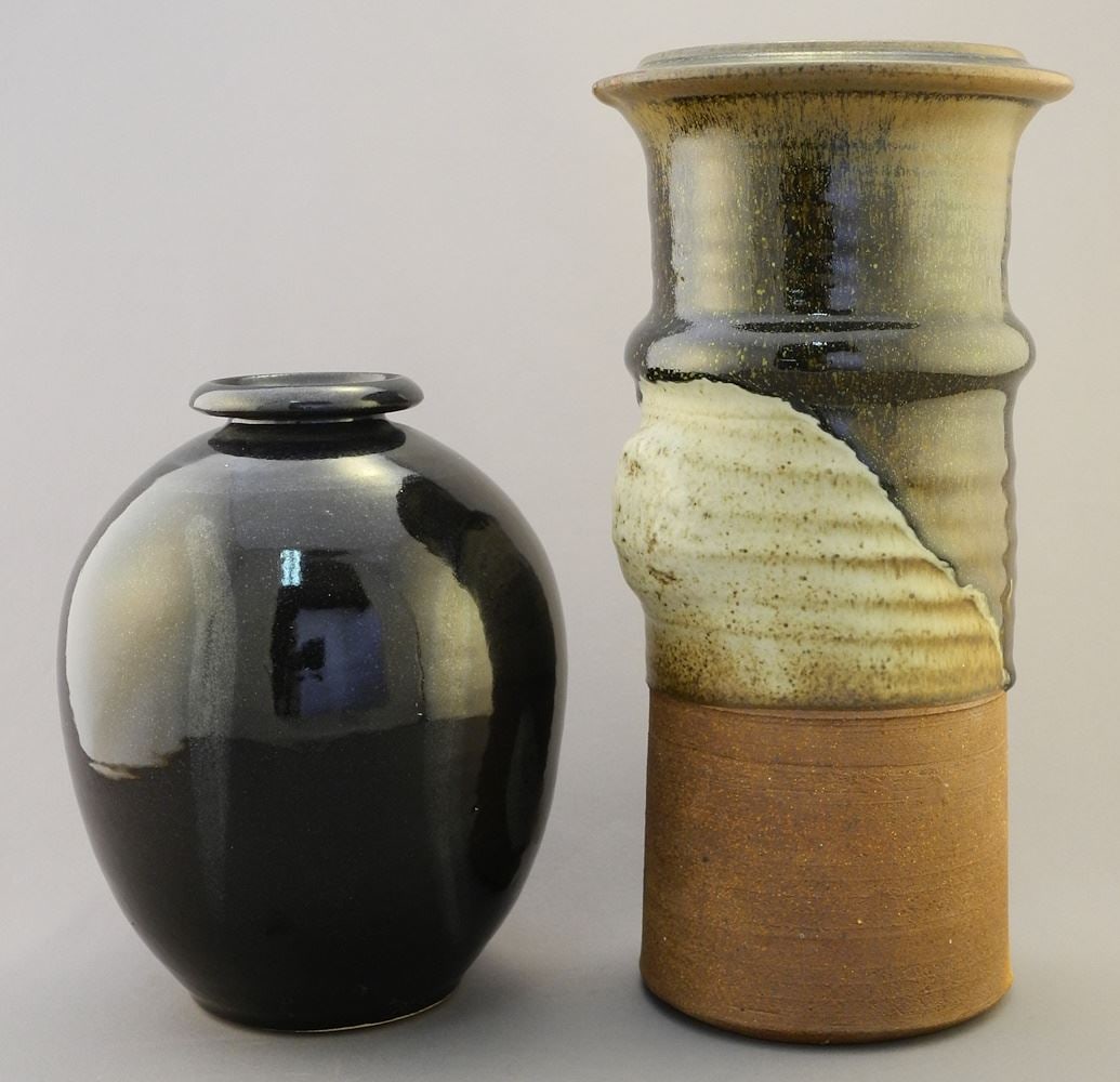 Black Glazed Vase with Impressed Mark (7 5/8"H) & Stoneware Vase Impressed MD (11 3/8"H). (1 of 3)