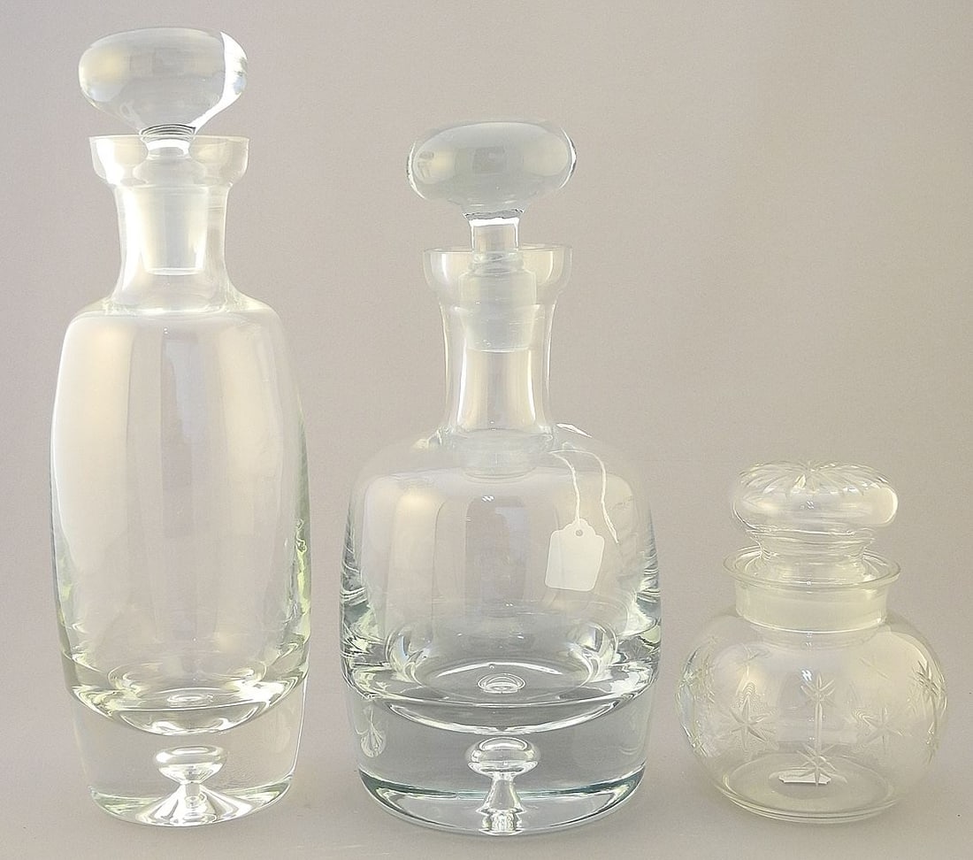 2 Contemporary Crystal Decanters (12 1/4" & 11"H) & Etched Jar, 5 1/2 "H. (1 of 1)
