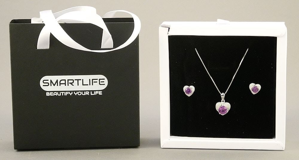 Sterling Silver with White Gold Overlay Lab Grown Purple Sapphire Heart Pendant & Earrings. (1 of 2)