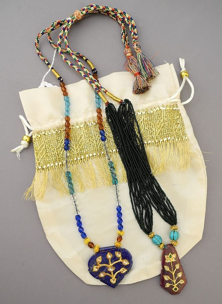 2 Persian Style Beaded Necklaces: 1 Lapis (38"L) & 1 Burgundy Garnet (37.5"L) in Satin bag.: 2 Persian Style Beaded Necklaces: 1 Lapis (38"L) & 1 Burgundy Garnet (37.5"L) in Satin bag.