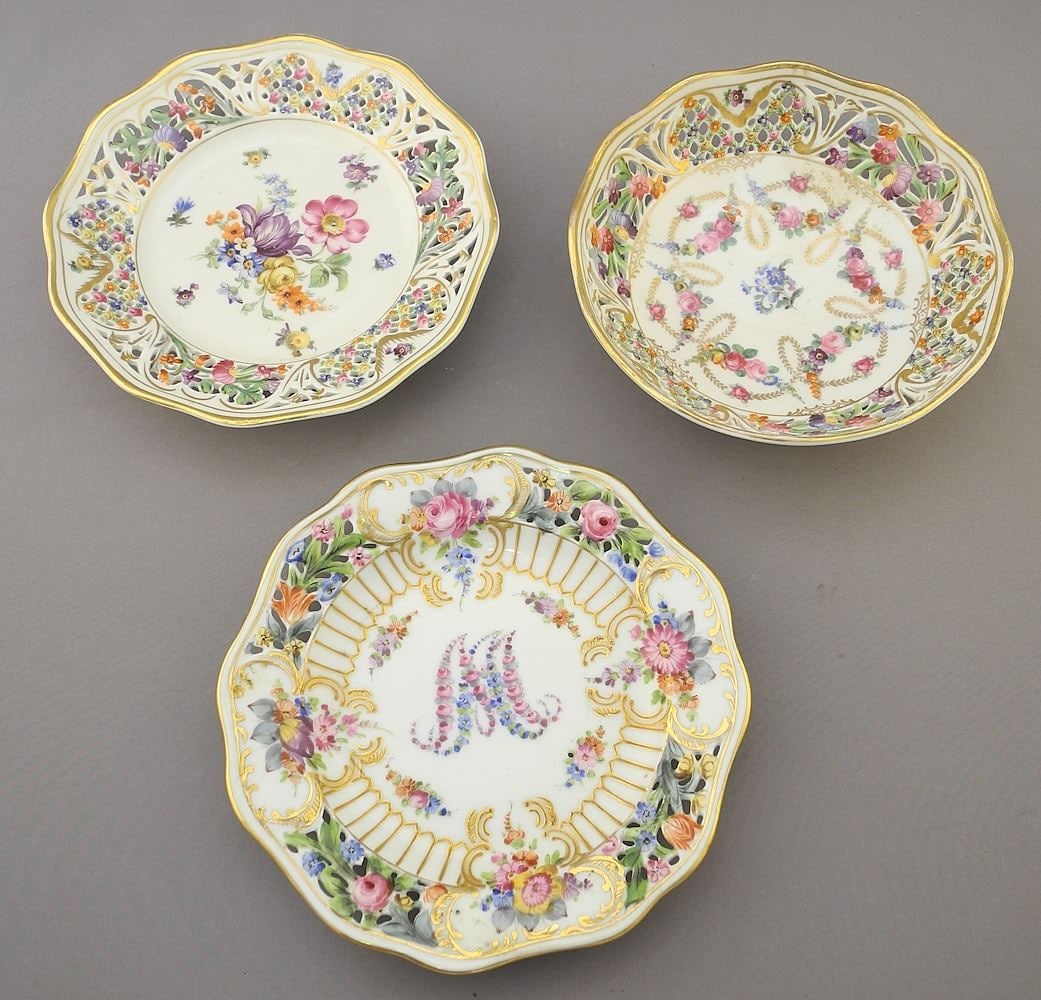 3 Piece Schumann Dresden Dishes: 2 Reticulated Plates (6 1/4" Diam.) & 1 Bowl 5 3/4" Diameter. (1 of 2)