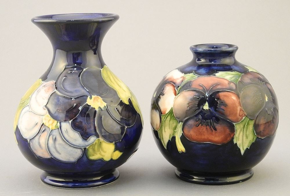 2 Moorcroft Vases: Pansy (4 1/8"H) & Clematis (5 1/8"H). (1 of 3)