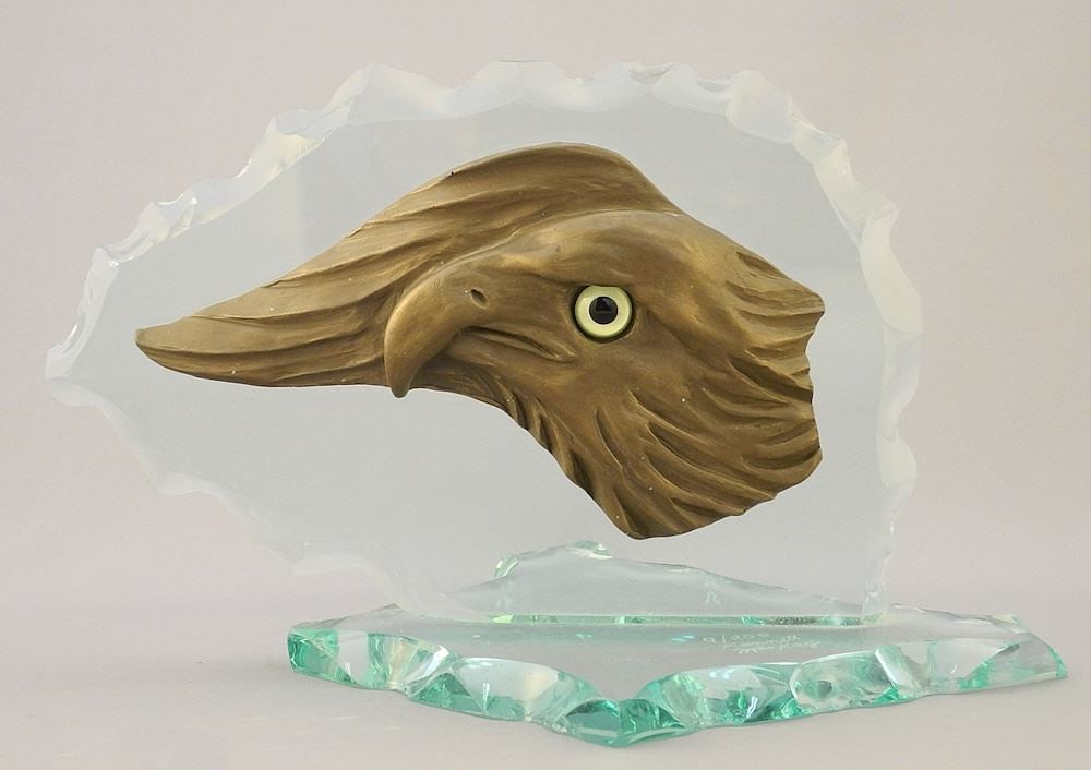 Glass & Bronze Sculpture signed Kenneth MacKay, 6 1/2" x 10 1/2" x 6 ", "Eagle". (1 of 2)