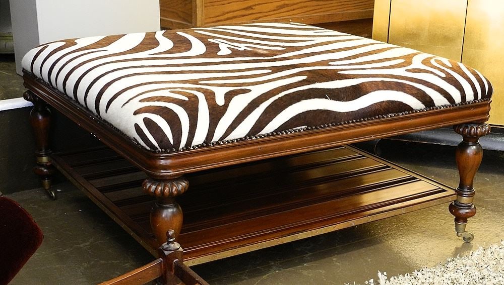 Thomasville Hemingway Collection Ottoman with Zebra Hide, 20 1/2" x 40" x 40". (1 of 2)