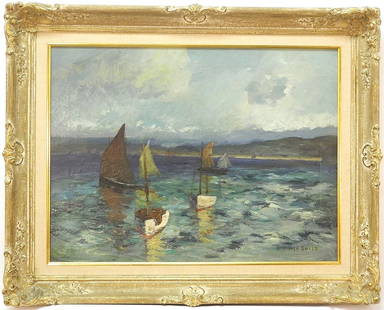 Oil Painting signed Dorothea Sharp, 18" x 24", "Fishing Boat at St. Ives".: Oil Painting signed Dorothea Sharp, 18" x 24", "Fishing Boat at St. Ives".