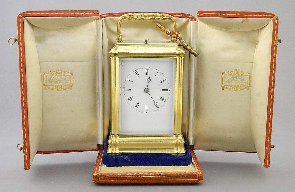 Quarter Repeating Brass Carriage Clock, 7" with Handle in Cartier Box (not running). (1 of 9)