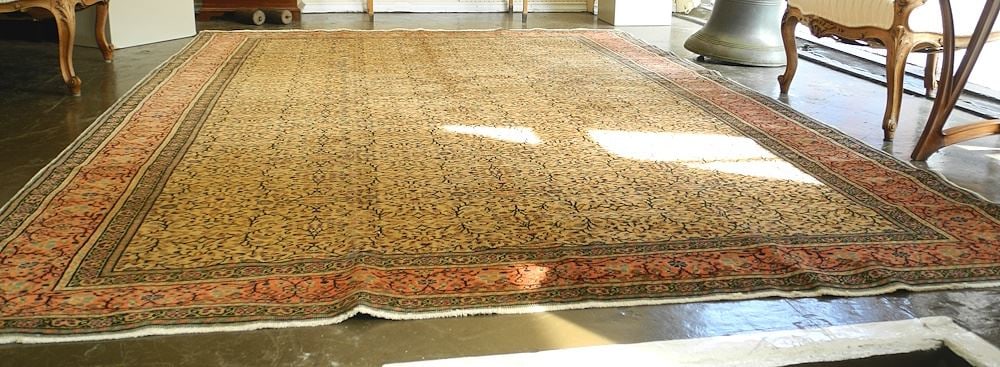 Handknotted Persian Carpet, Ochre with Rose border, 9'8" x 6'6".: Handknotted Persian Carpet, Ochre with Rose border, 9'8" x 6'6".