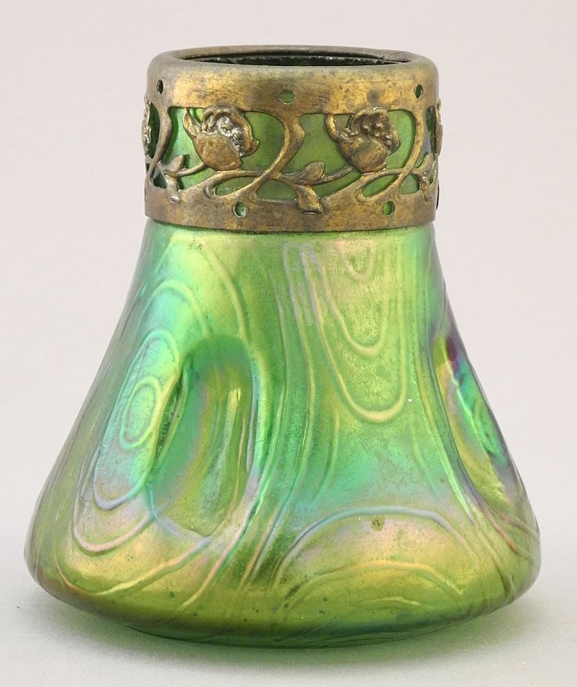 Austrian Loetz Style Iridescent Glass Vase with Foliate Brass Rim, 3 5/8"H. (1 of 7)