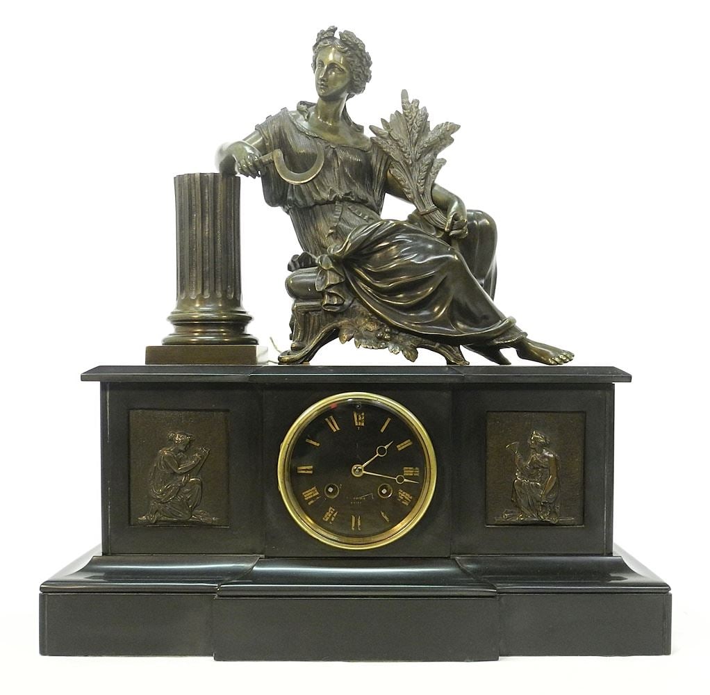19th C. French Black Marble & Bronze Mantle Clock, Movement by W. Sharp, 16 3/4" x 17 1/2" x 7". (1 of 8)