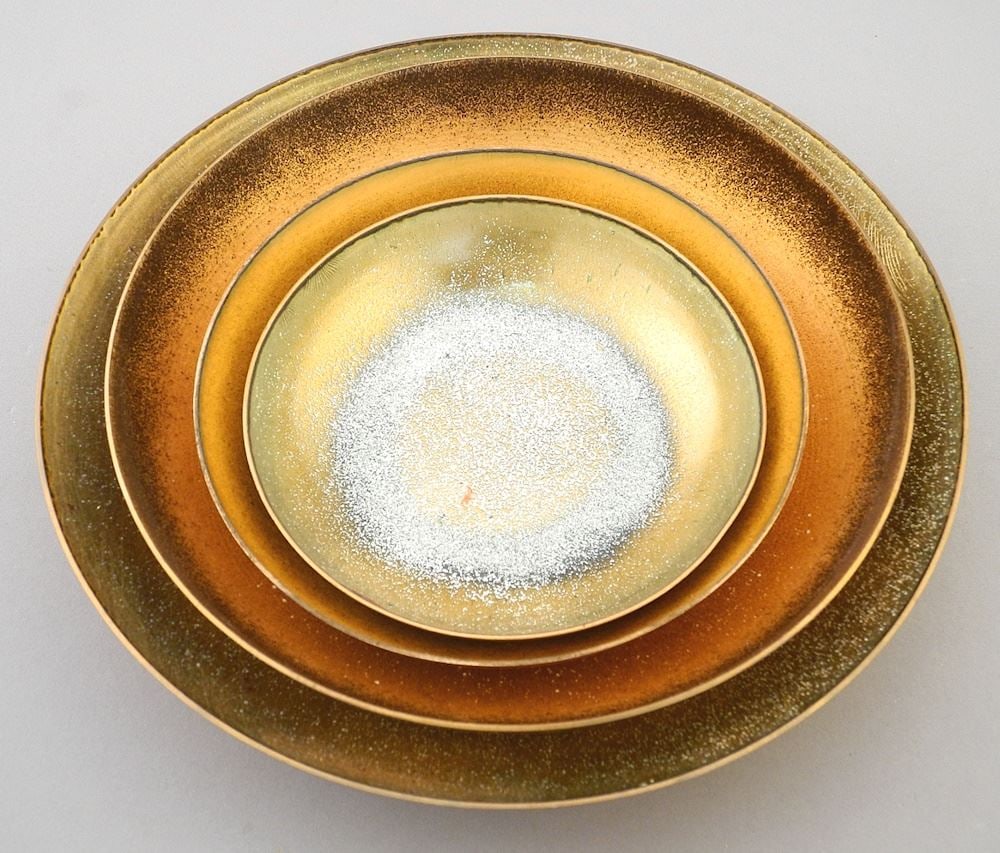 4 Enameled Copper Dishes signed Jade Snow Wong, 4 3/8" - 7 3/4" Diam. (1 of 5)