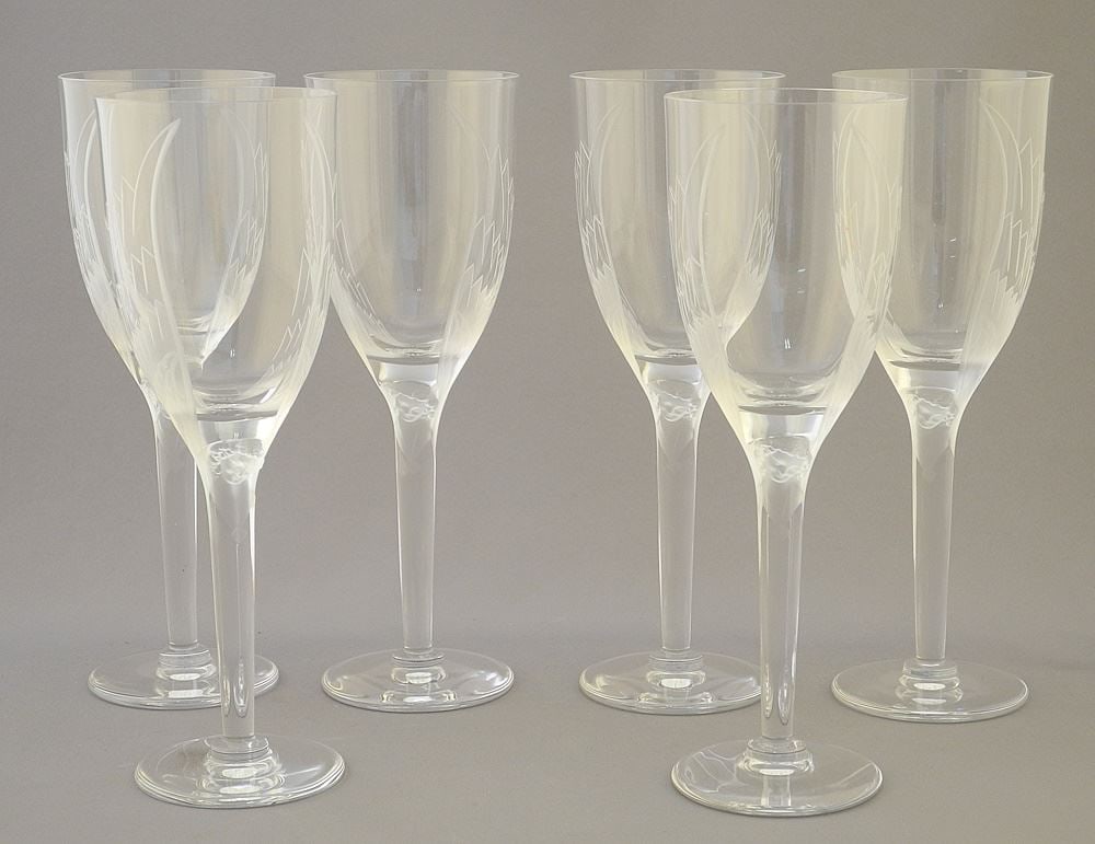 6 Lalique France Crystal Flutes, 8 1/8"H.: 6 Lalique France Crystal Flutes, 8 1/8"H.