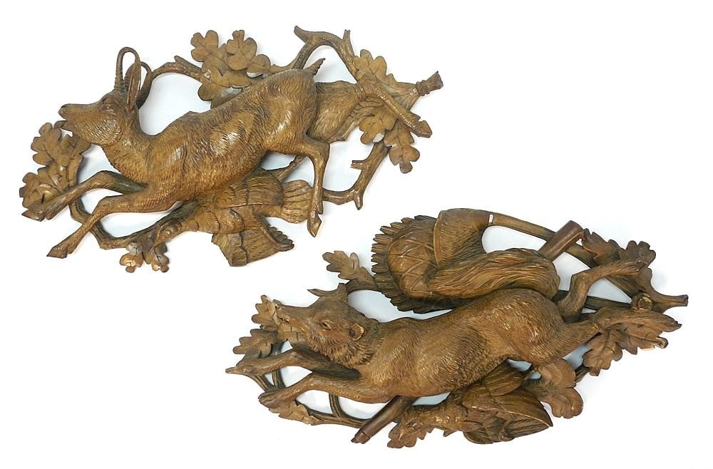 Pair of Continental Carved Walnut Fox & Hare Panels, 19 1/2"W. (1 of 4)