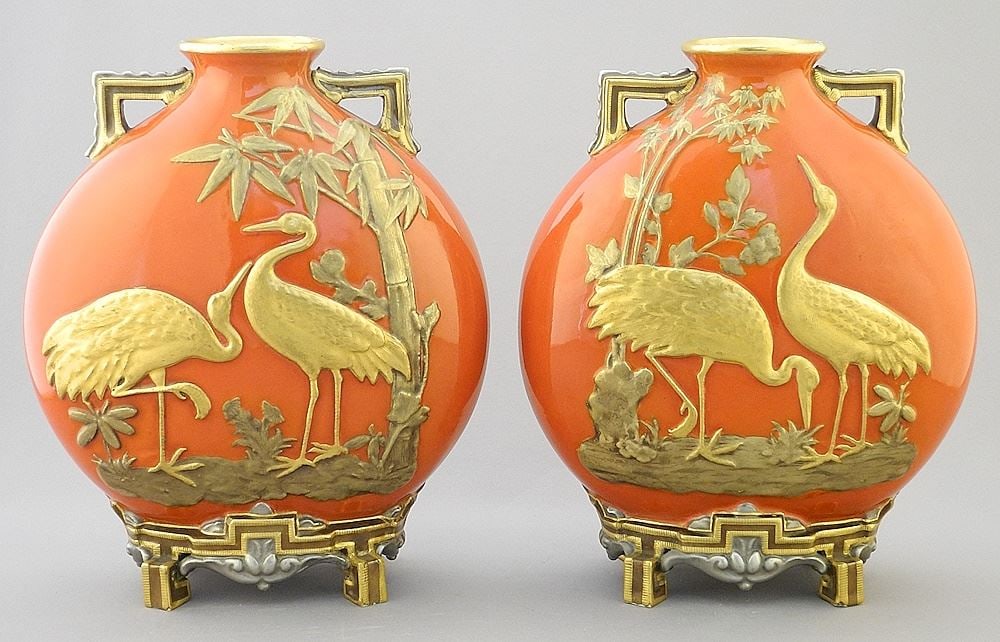 Pair of Worcester Japonisme Crane Vases, 8 1/4"H (restored).: Pair of Worcester Japonisme Crane Vases, 8 1/4"H (restored).