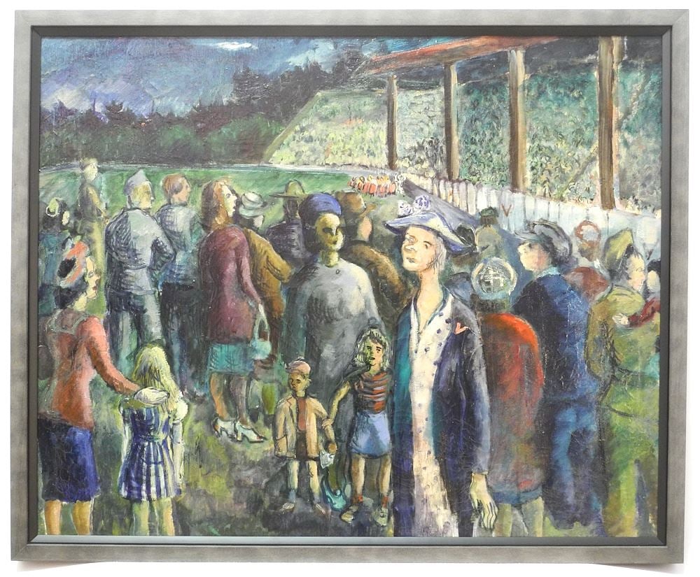 Oil on Canvas Attr. to Molly Lamb Bobak, 24" x 29 1/2", "C.1940 Rally at Brockton Pt.". (1 of 14)