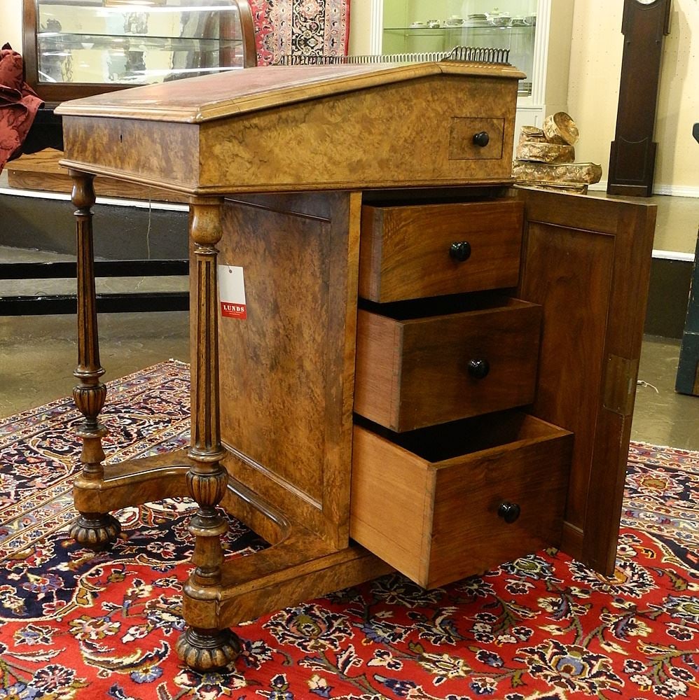 Victorian Burr Walnut Davenport Stamped Gillow, 34"H x 24"D x 20"W. - (1 of 10)