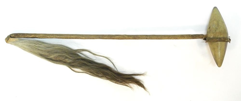 Northern Plains Skull Crusher with Horsehair Drop, Late 19th C., 28"L, (repair noted).: Northern Plains Skull Crusher with Horsehair Drop, Late 19th C., 28"L, (repair noted).