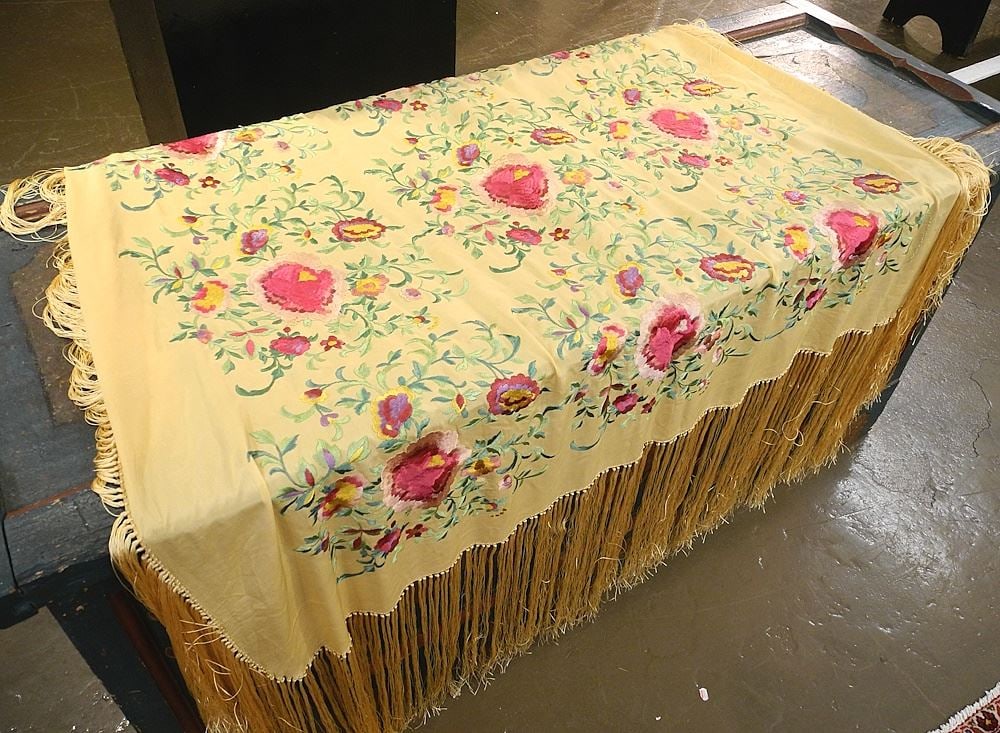 Chinese Yellow Silk Piano Shawl, 48" x 48".: Chinese Yellow Silk Piano Shawl, 48" x 48".