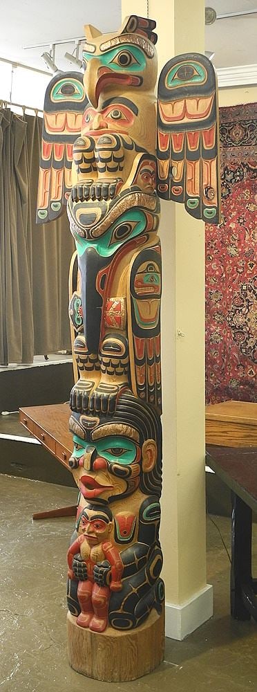 Northwest Coast Style Totem Pole signed Paul Johnny 2016, 99"H, Wing Span 33 3/4" (1 wing crack (1 of 12)