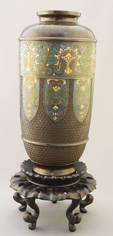 Champleve Bronze Vase, 11 3/4" with Stand.: Champleve Bronze Vase, 11 3/4" with Stand.