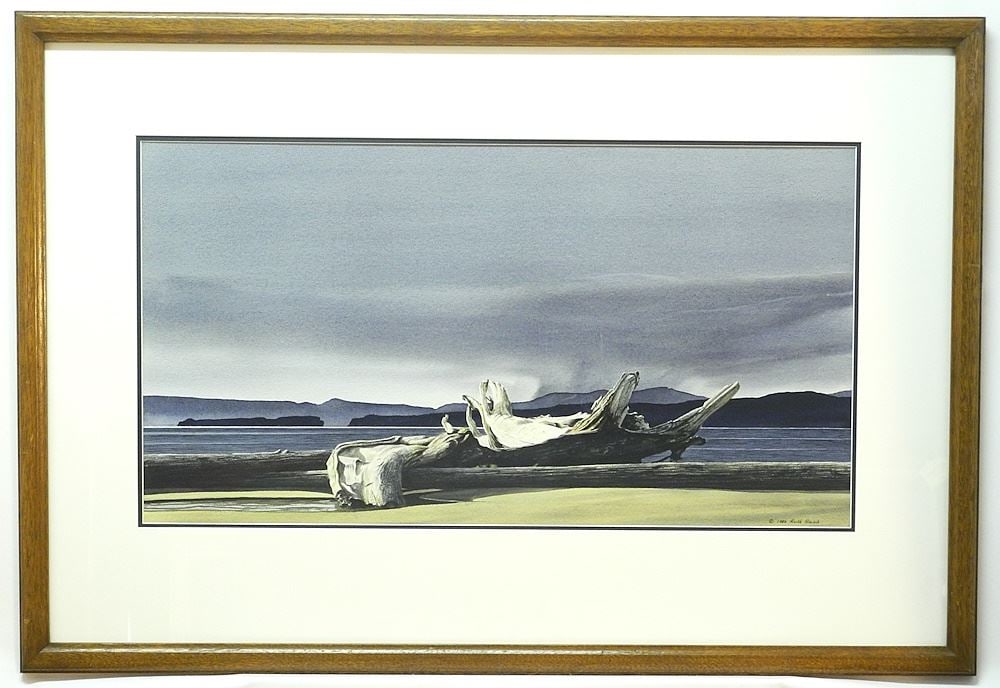 Watercolour signed Keith Hiscock, 1986, 15" x 27 3/4", "Untitled Driftwood".: Watercolour signed Keith Hiscock, 1986, 15" x 27 3/4", "Untitled Driftwood".