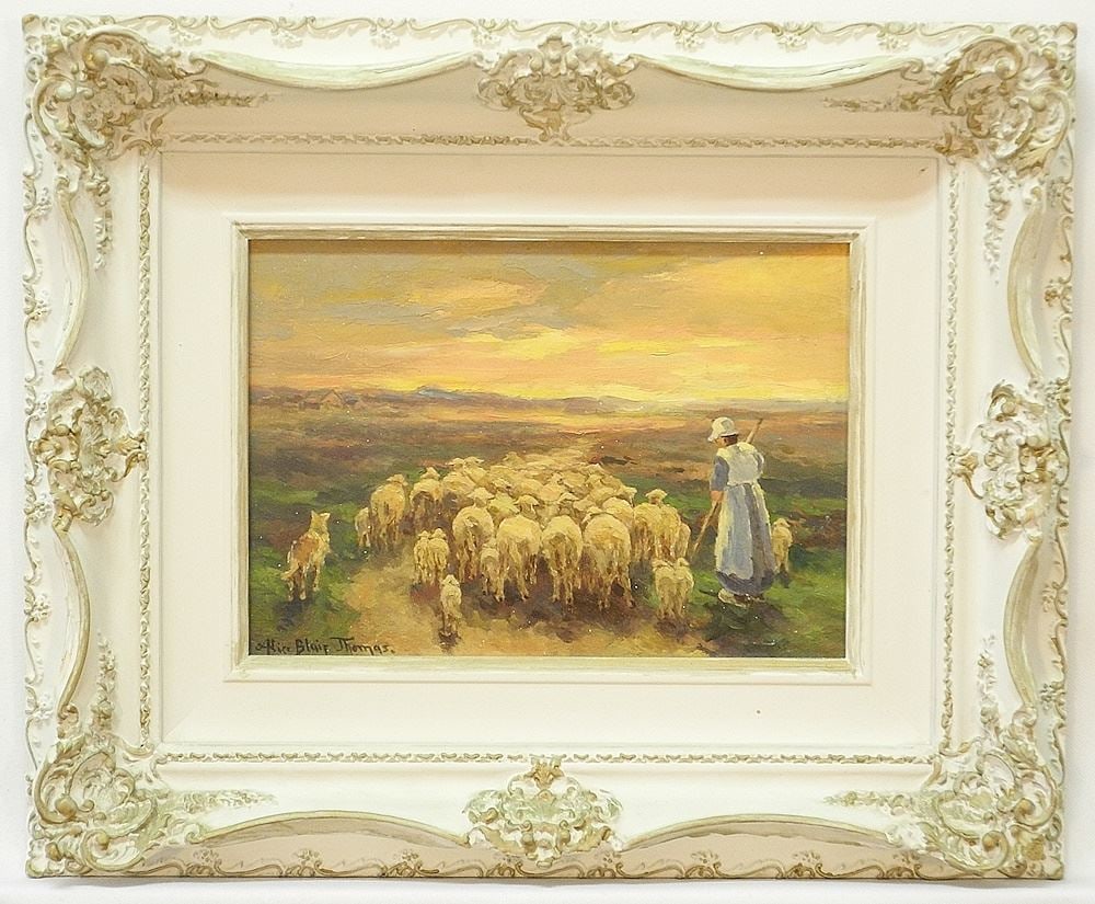 Oil on Board signed Alice Blair Thomas, 6 5/8" x 9 1/2", "Shepherdess with Flock". (1 of 4)