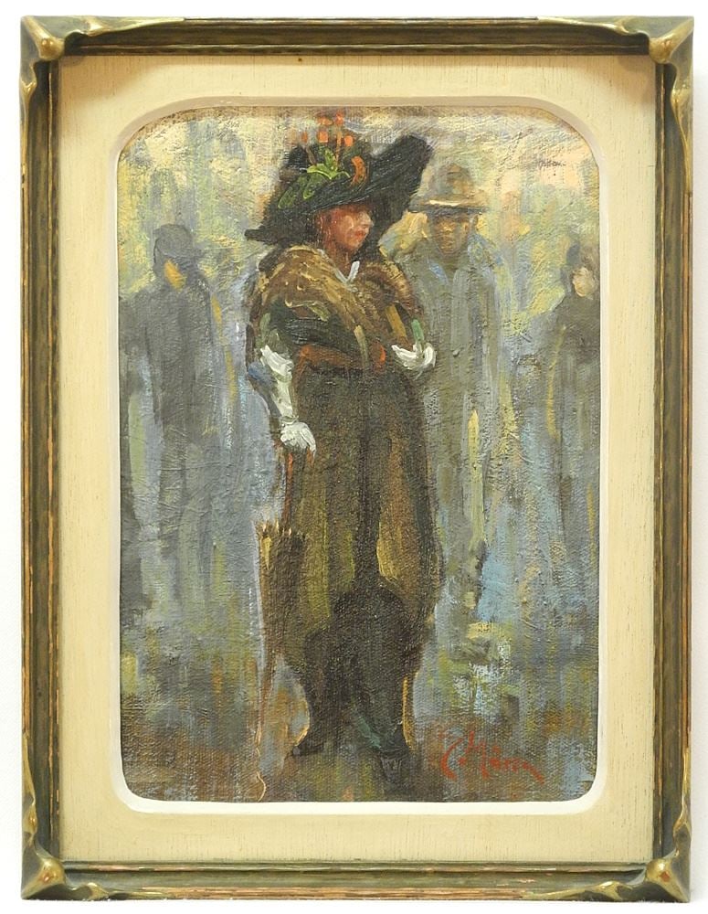 Oil on Canvas Mounted on Board signed E. (Ernest) Marza, 10 1/4" x 7", "Woman in Fancy Hat".: Oil on Canvas Mounted on Board signed E. (Ernest) Marza, 10 1/4" x 7", "Woman in Fancy Hat".