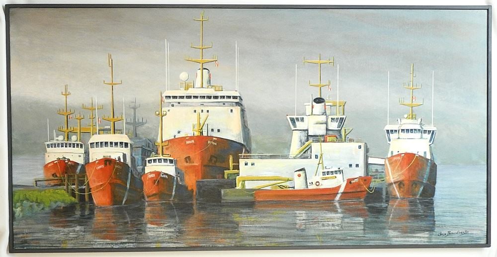 Acrylic on Board signed Chris Broadbent, 24" x 48", "Canadian Coast Guard Vessels".: Acrylic on Board signed Chris Broadbent, 24" x 48", "Canadian Coast Guard Vessels".