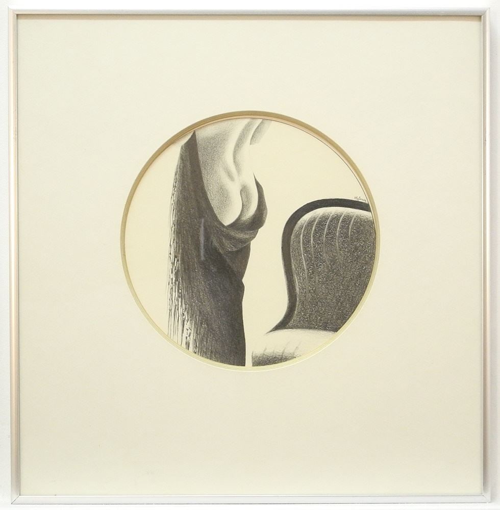 Drawing signed Myfanwy (Pavelic), 8 1/8" Diameter, "Old Props".: Drawing signed Myfanwy (Pavelic), 8 1/8" Diameter, "Old Props".