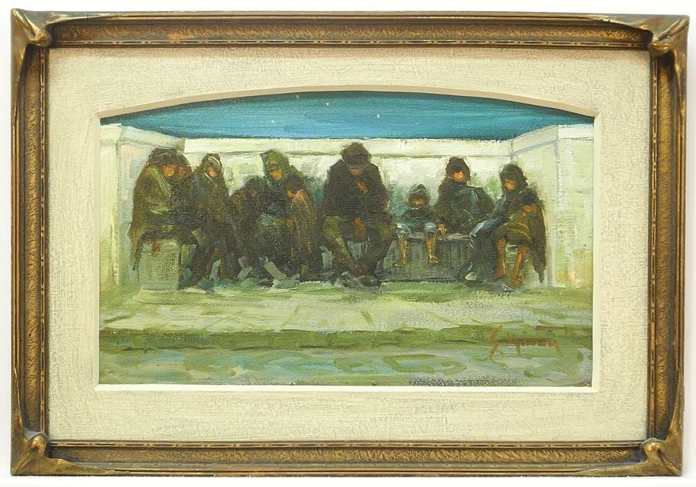 Oil on Canvas Mounted on Board signed E. (Ernest) Marza, 8 1/8" x 13 3/8", "Huddled Figures": Oil on Canvas Mounted on Board signed E. (Ernest) Marza, 8 1/8" x 13 3/8", "Huddled Figures"