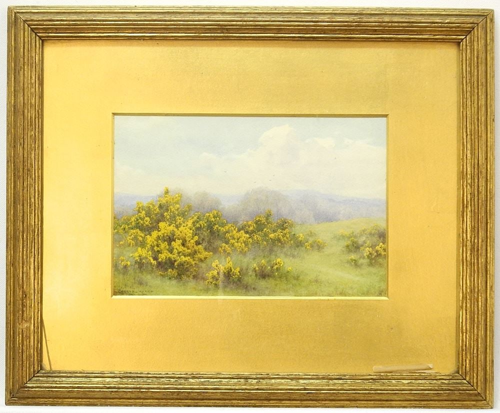 Watercolour verso signed George Marks, C.1909, 7 1/2" x 5 1/8" "Broom Landscape". (1 of 4)